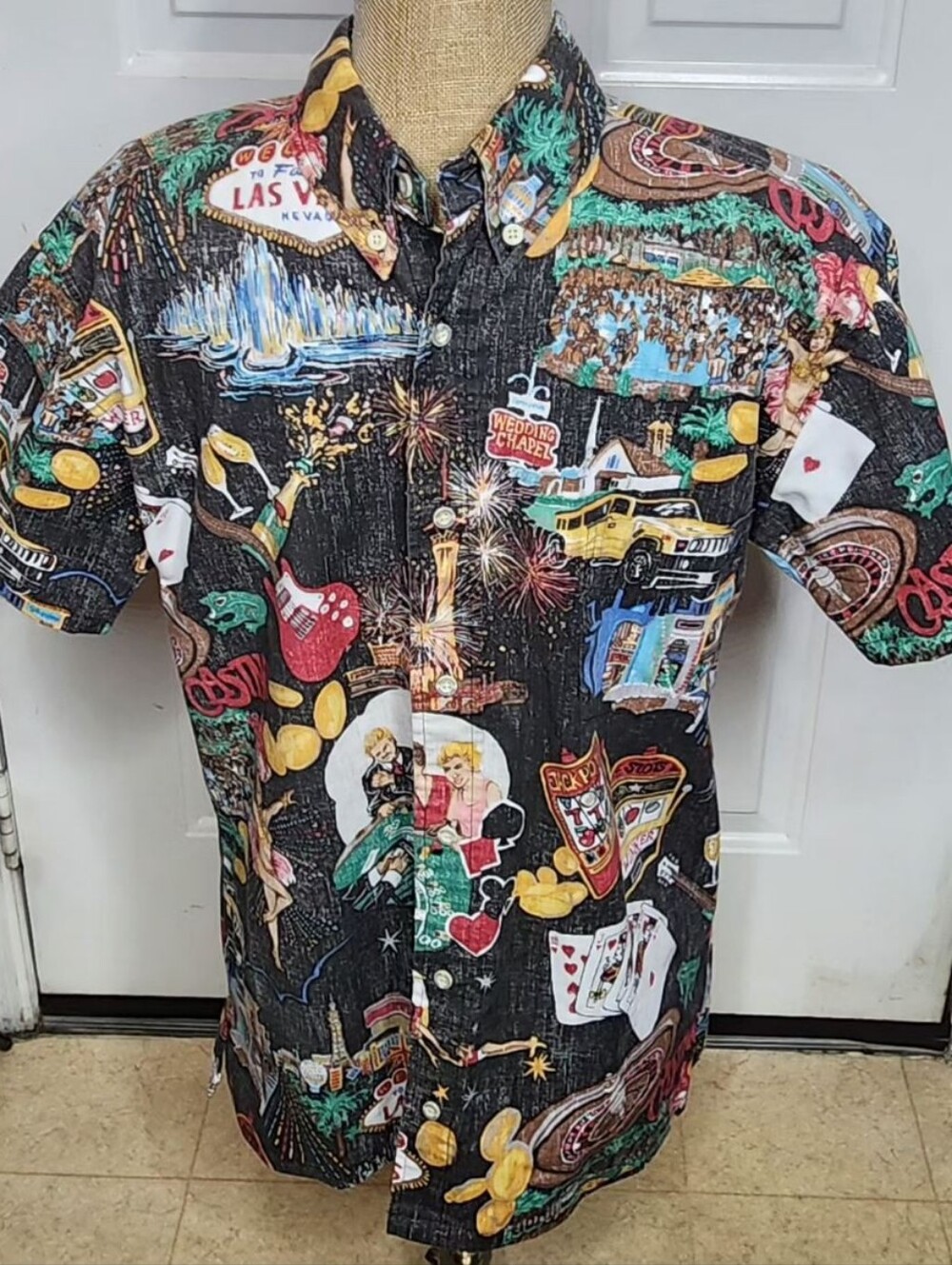 Reyn Spooner Black Las Vegas Casino Motif Short-Sleeve Shirt Size L